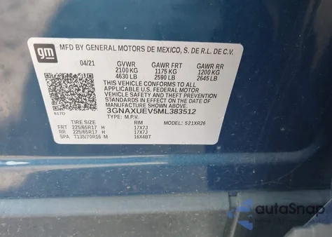 2021 Chevrolet Equinox Lt z USA, uszkodzony, nr VIN 3GNAXUEV5ML383512